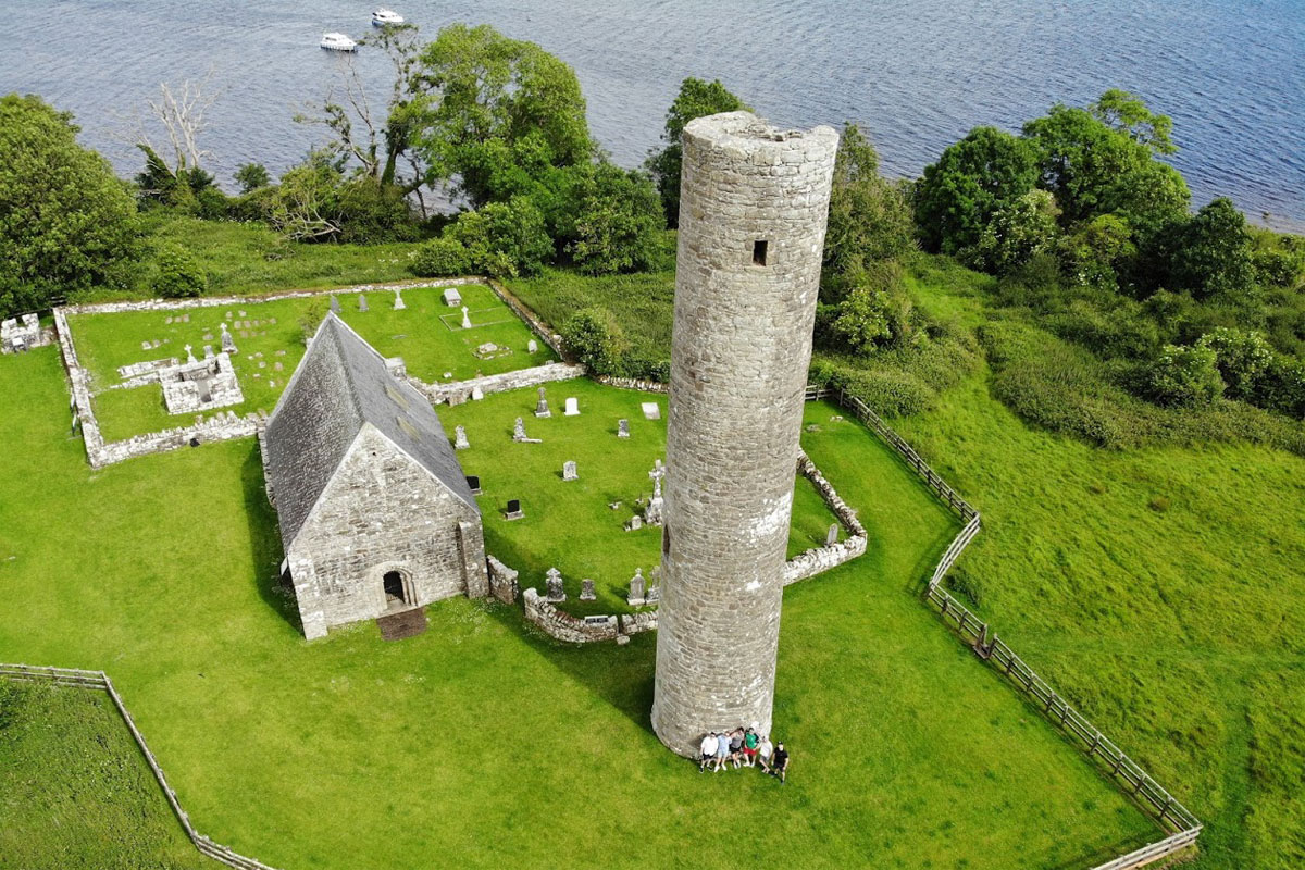 An aerial view of Inis Cealtra on lough Derg.