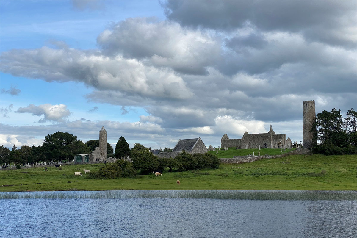 Crusing past the ancient monastic settlement at Clonmacnoise