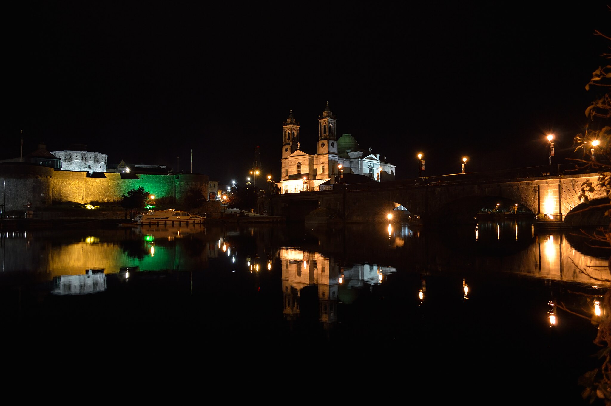 Athlone Castle from the river at night.