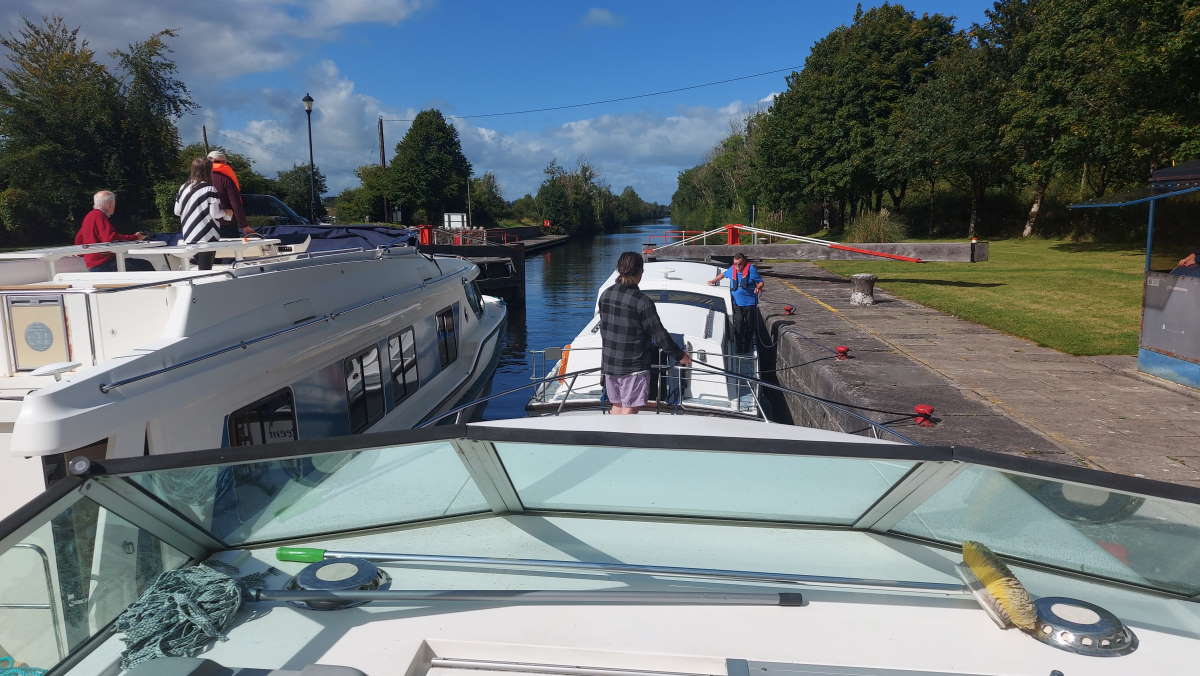 It's common for several boats to pass through a lock at the same time.