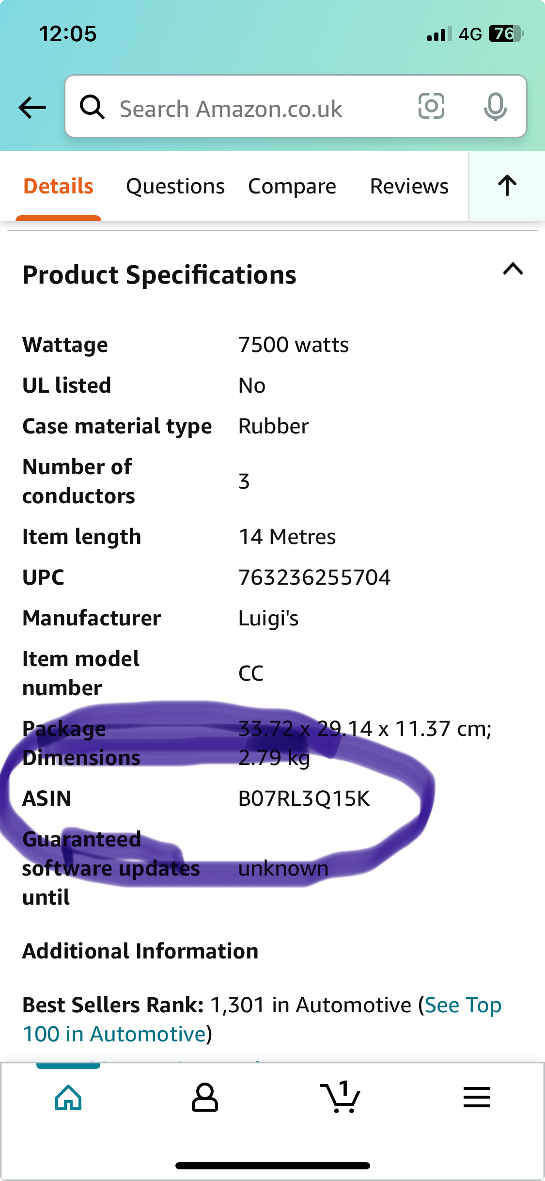 Specs for shore lead.